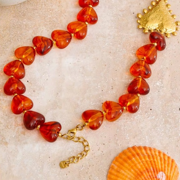 Anthropologie Bold Heart Statement Necklace Resin Beads Stainless Steel Pendant - Picture 2 of 11